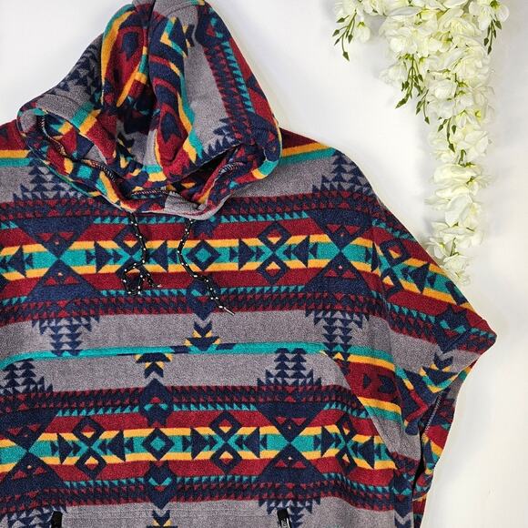KAVU Overlook Polar Fleece Poncho Hoodie Aztec Cozy Oversize Southwestern Medium - Picture 6 of 12